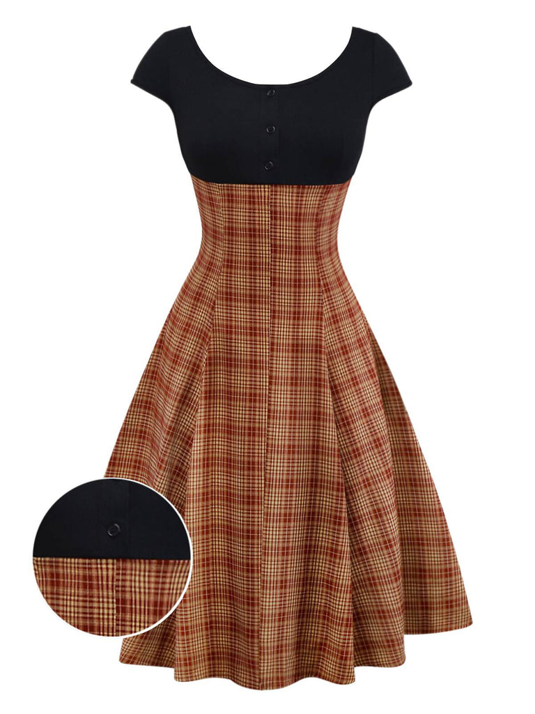 [Vorverkauf] Braun 1950er Plaid Stricken Patchwork Flügelärmel Kleid