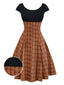 [Vorverkauf] Braun 1950er Plaid Stricken Patchwork Flügelärmel Kleid