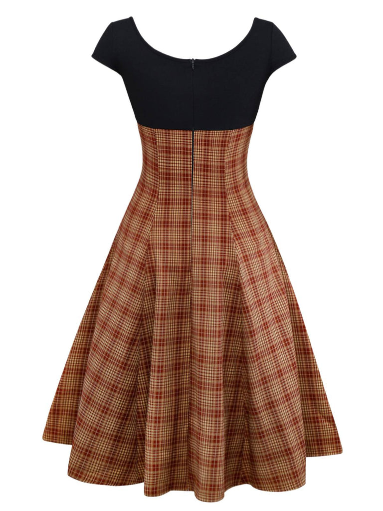 [Vorverkauf] Braun 1950er Plaid Stricken Patchwork Flügelärmel Kleid