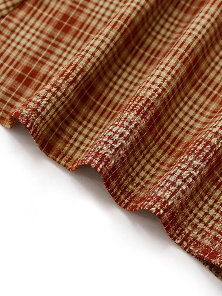 [Vorverkauf] Braun 1950er Plaid Stricken Patchwork Flügelärmel Kleid