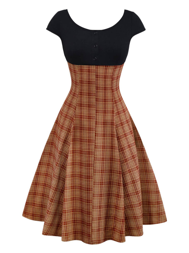 [Vorverkauf] Braun 1950er Plaid Stricken Patchwork Flügelärmel Kleid