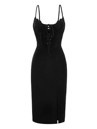 [Vorverkauf] Schwarz 1960er Fledermaus-Kragen Samt Schlitz Kleid