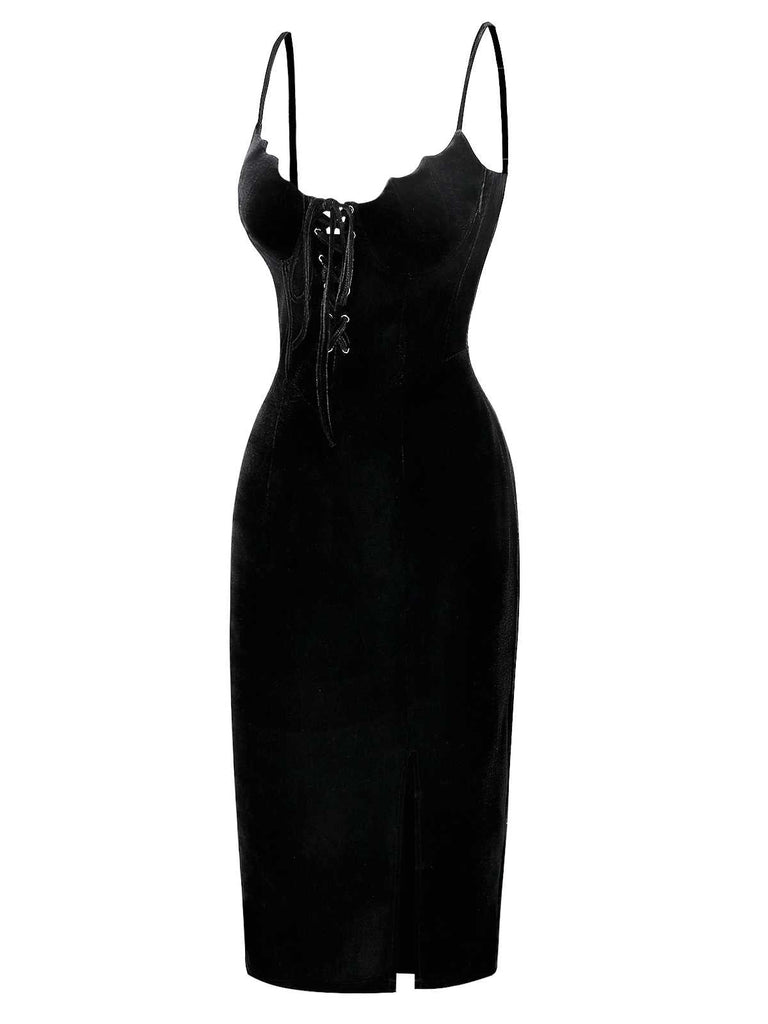 [Vorverkauf] Schwarz 1960er Fledermaus-Kragen Samt Schlitz Kleid