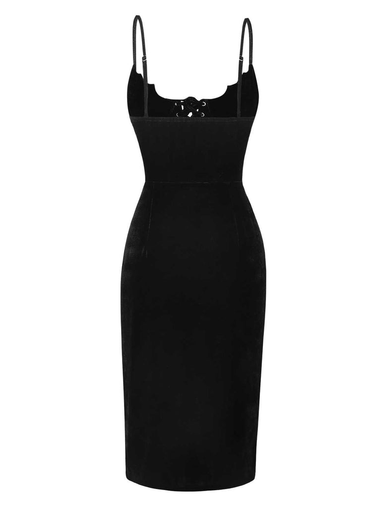 [Vorverkauf] Schwarz 1960er Fledermaus-Kragen Samt Schlitz Kleid