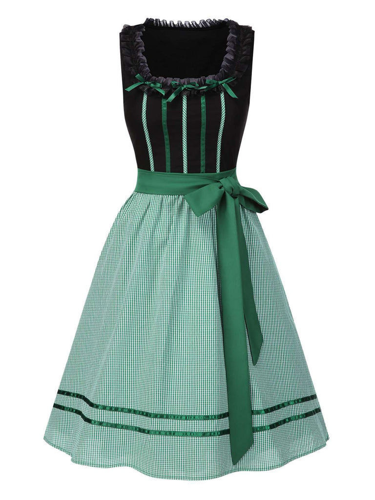 [Vorverkauf] 2PCS Schwarz 1950er Oktoberfest Baumwolle Polka Dot Gingham Kleid & Puffärmel Crop Top