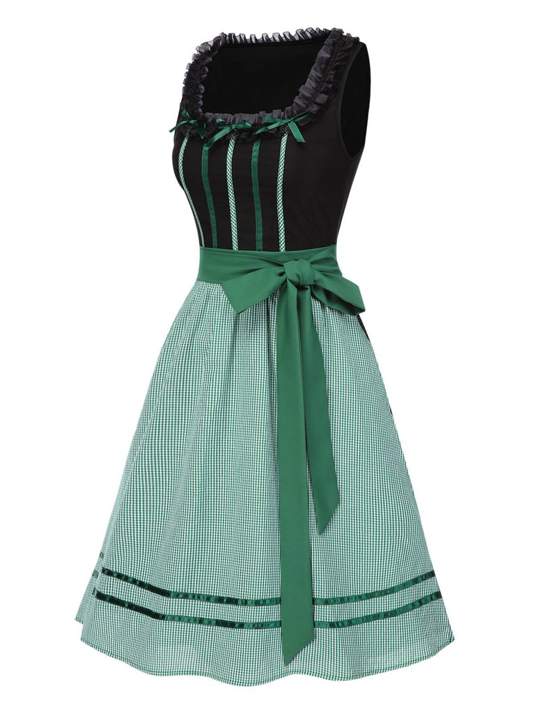 [Vorverkauf] 2PCS Schwarz 1950er Oktoberfest Baumwolle Polka Dot Gingham Kleid & Puffärmel Crop Top