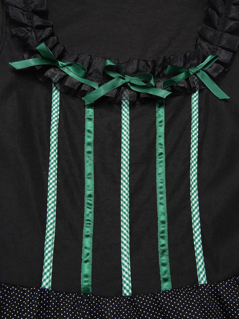[Vorverkauf] 2PCS Schwarz 1950er Oktoberfest Baumwolle Polka Dot Gingham Kleid & Puffärmel Crop Top