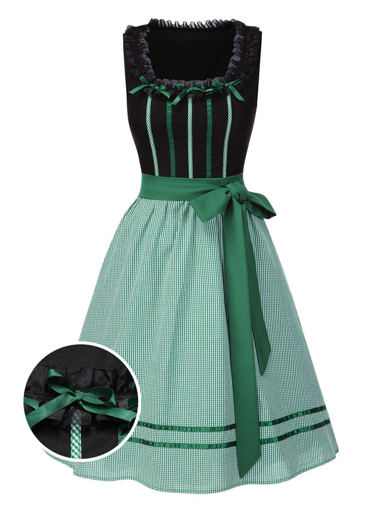 [Vorverkauf] 2PCS Schwarz 1950er Oktoberfest Baumwolle Polka Dot Gingham Kleid & Puffärmel Crop Top