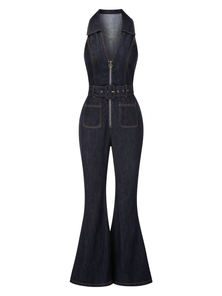 [Vorverkauf] Blau 1970er Baumwolle Denim Ausgestellter Jumpsuit