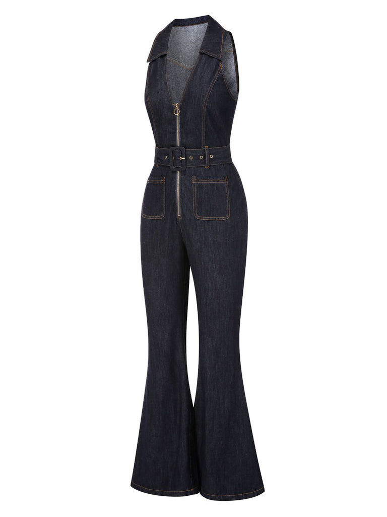 [Vorverkauf] Blau 1970er Baumwolle Denim Ausgestellter Jumpsuit