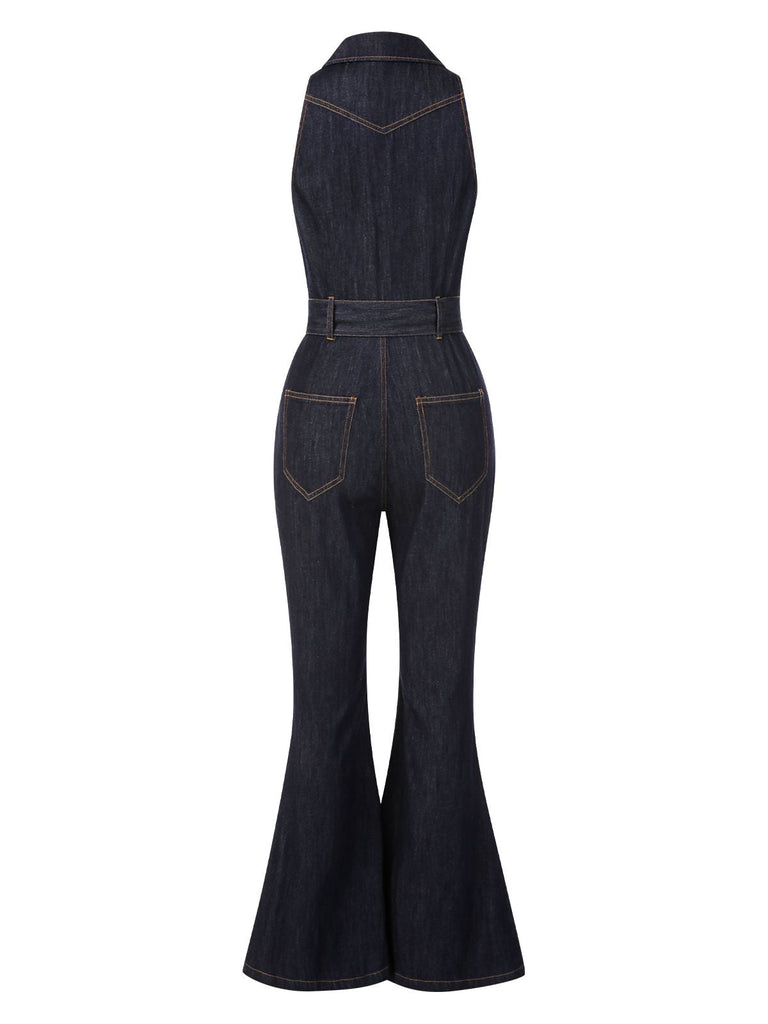 [Vorverkauf] Blau 1970er Baumwolle Denim Ausgestellter Jumpsuit