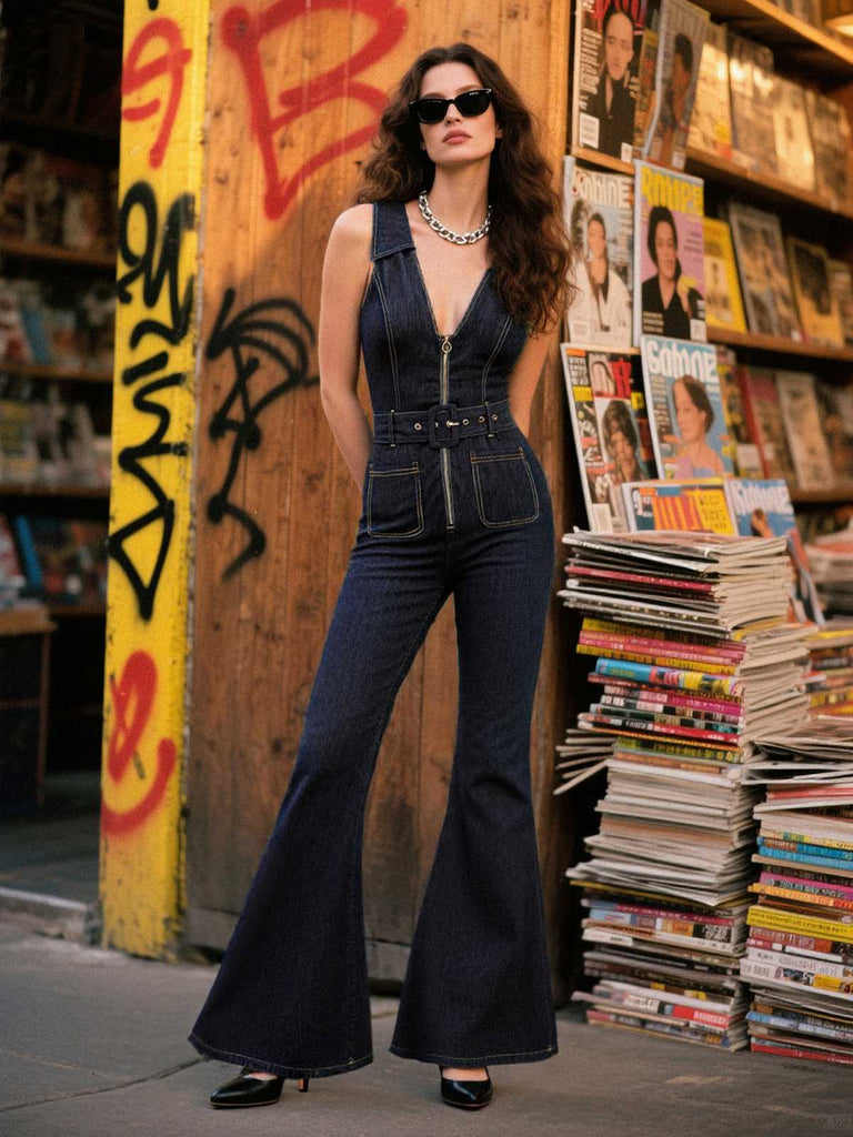 [Vorverkauf] Blau 1970er Baumwolle Denim Ausgestellter Jumpsuit