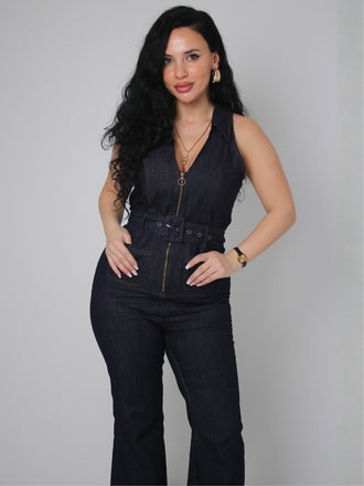 Blau 1970er Baumwolle Denim Ausgestellter Jumpsuit