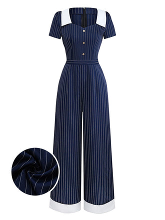 Blau 1930er Streifen Revers Jumpsuit