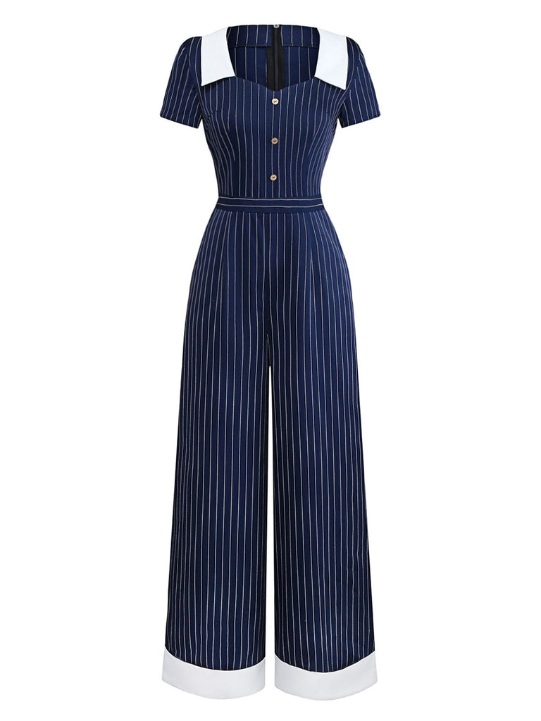 [Vorverkauf] Blau 1930er Streifen Revers Jumpsuit