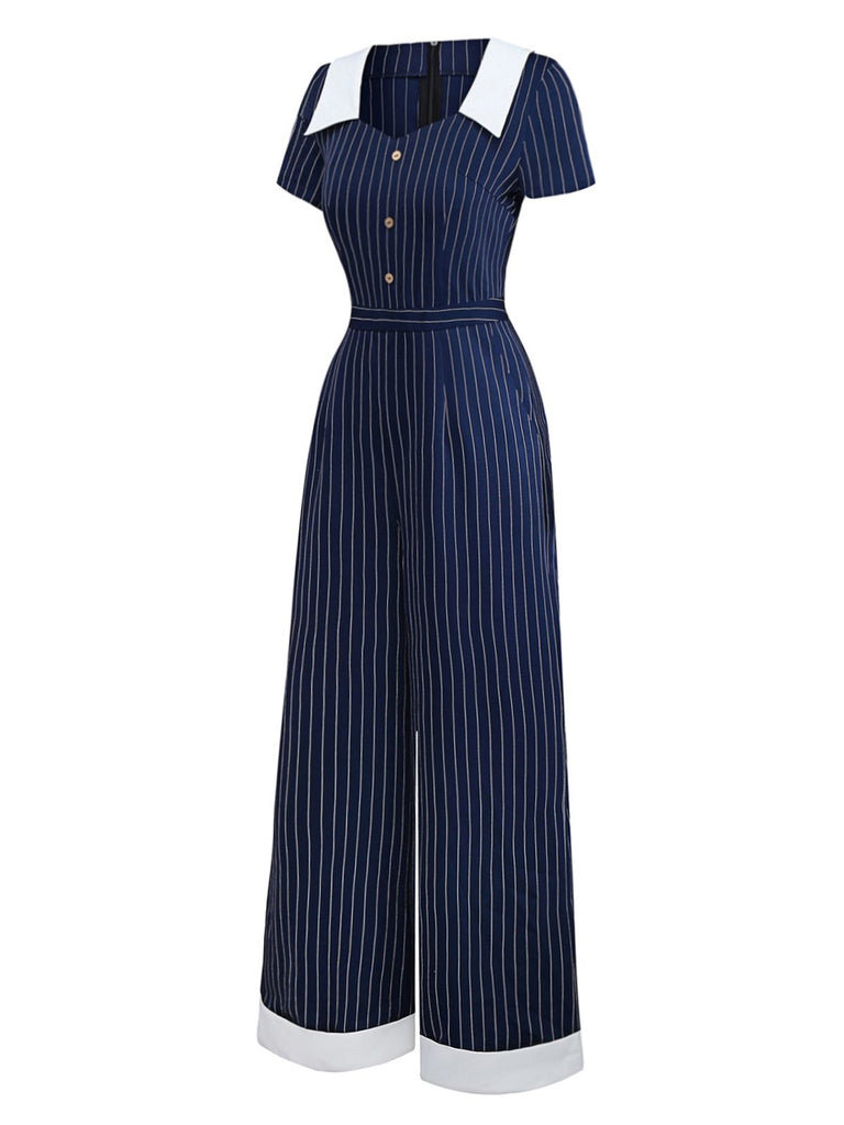 [Vorverkauf] Blau 1930er Streifen Revers Jumpsuit