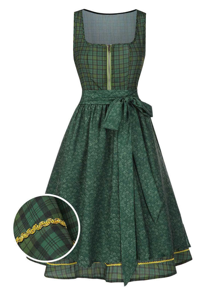 [Vorverkauf] Grün 1950er Oktoberfest Plaids Blumen Kleid mit Schürze