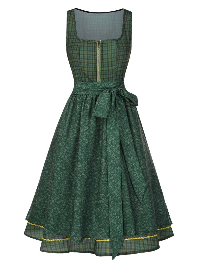 [Vorverkauf] Grün 1950er Oktoberfest Plaids Blumen Kleid mit Schürze