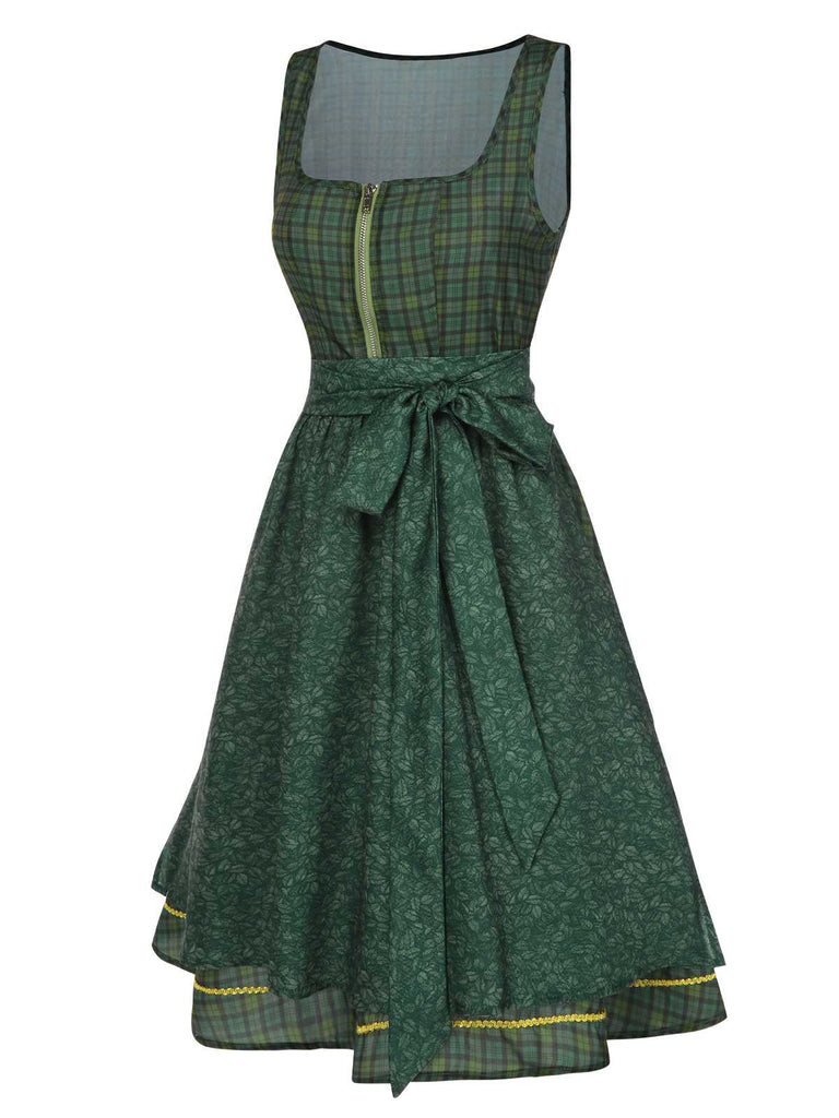 [Vorverkauf] Grün 1950er Oktoberfest Plaids Blumen Kleid mit Schürze