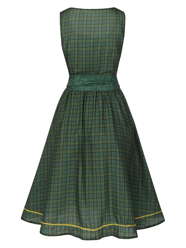 [Vorverkauf] Grün 1950er Oktoberfest Plaids Blumen Kleid mit Schürze
