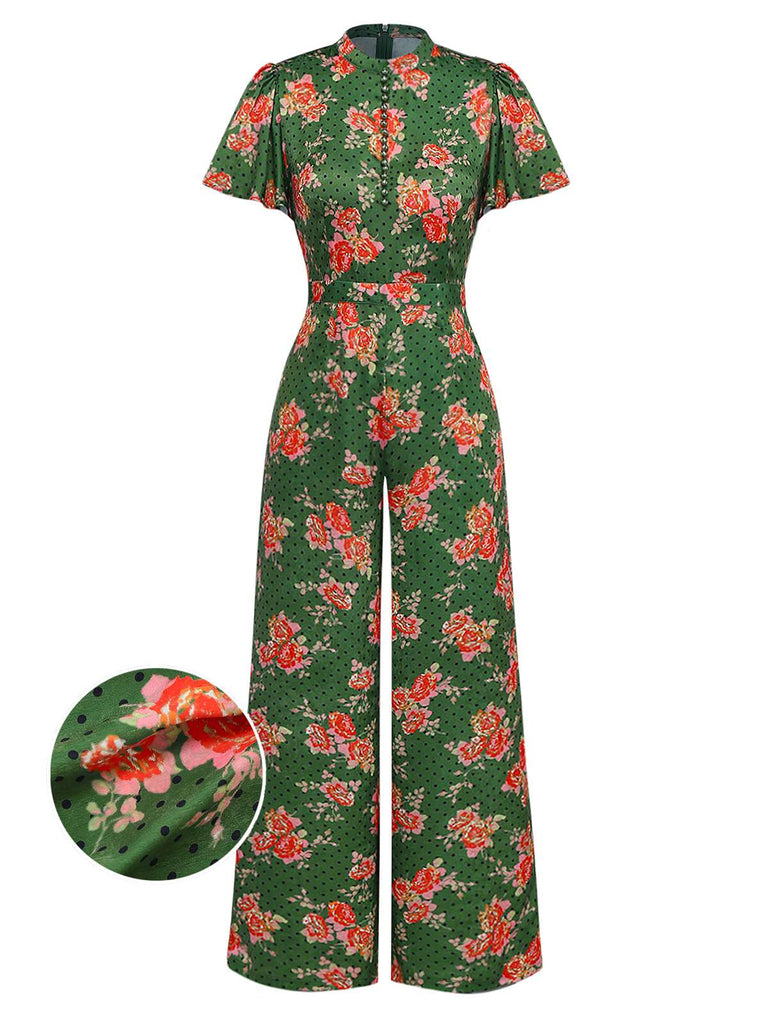 [Vorverkauf] Grün 1940er Rose Rüschen Tupfen Tasten Jumpsuit