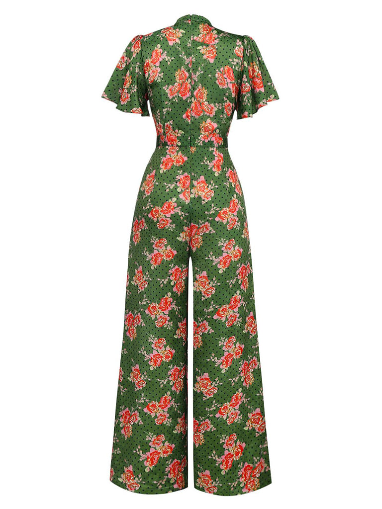 [Vorverkauf] Grün 1940er Rose Rüschen Tupfen Tasten Jumpsuit