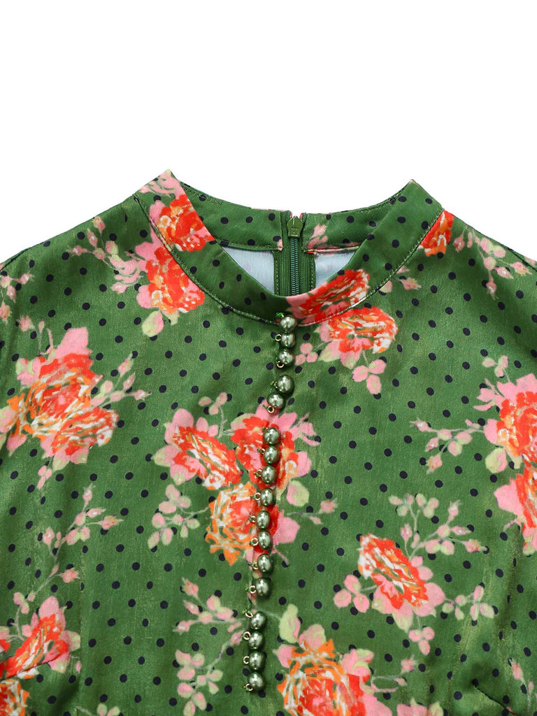 [Vorverkauf] Grün 1940er Rose Rüschen Tupfen Tasten Jumpsuit