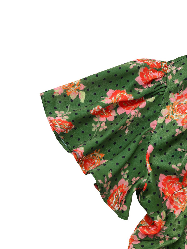 [Vorverkauf] Grün 1940er Rose Rüschen Tupfen Tasten Jumpsuit