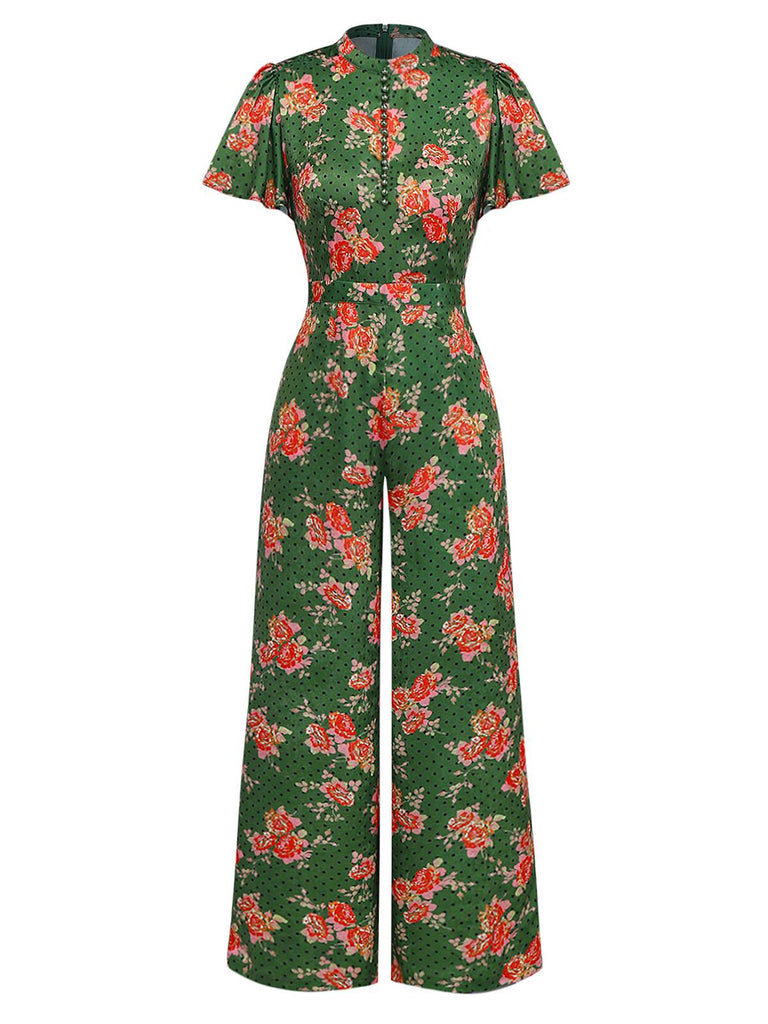[Vorverkauf] Grün 1940er Rose Rüschen Tupfen Tasten Jumpsuit