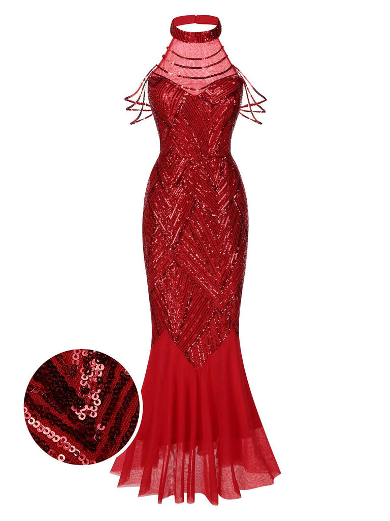 [Vorverkauf] Rot 1920er Halter Pailletten Beaded Maxi Kleid