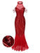 [Vorverkauf] Rot 1920er Halter Pailletten Beaded Maxi Kleid