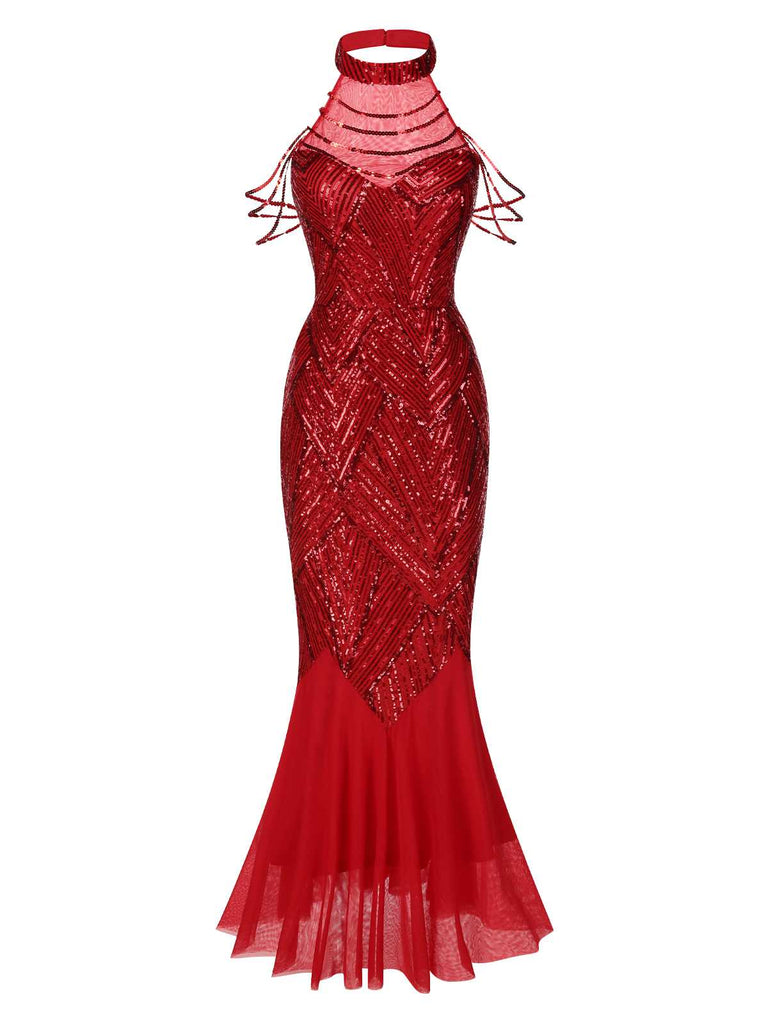 [Vorverkauf] Rot 1920er Halter Pailletten Beaded Maxi Kleid