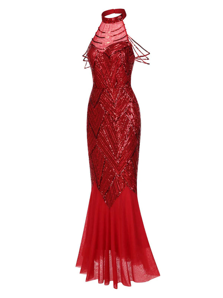 [Vorverkauf] Rot 1920er Halter Pailletten Beaded Maxi Kleid