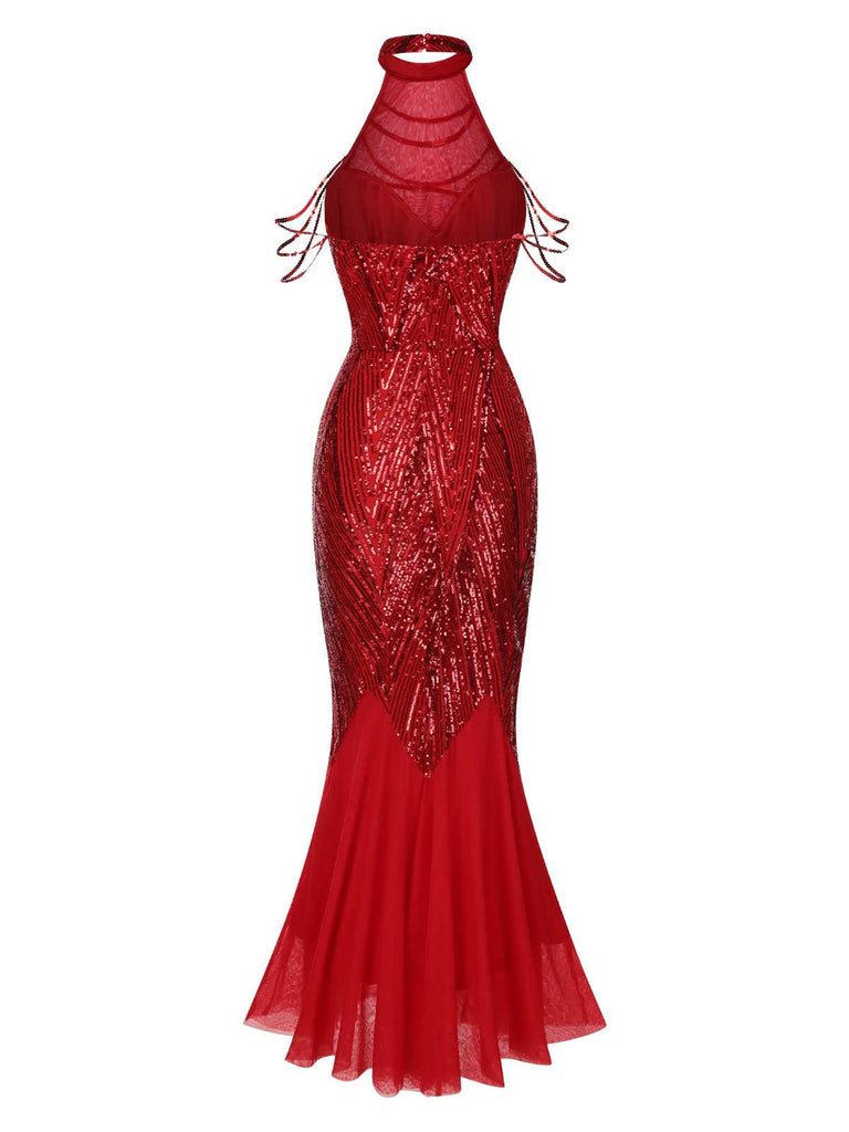 [Vorverkauf] Rot 1920er Halter Pailletten Beaded Maxi Kleid