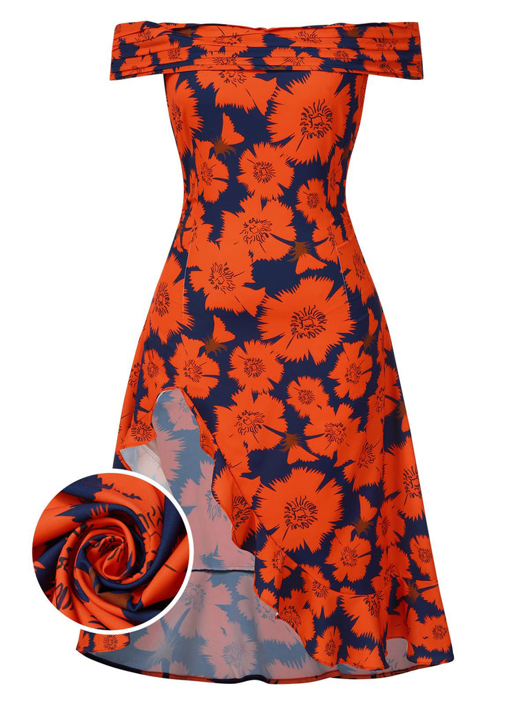 [Vorverkauf] [Übergröße] Rot 1930er Blumen Gerüschtes Schulterfrei Rüschen Hem Kleid