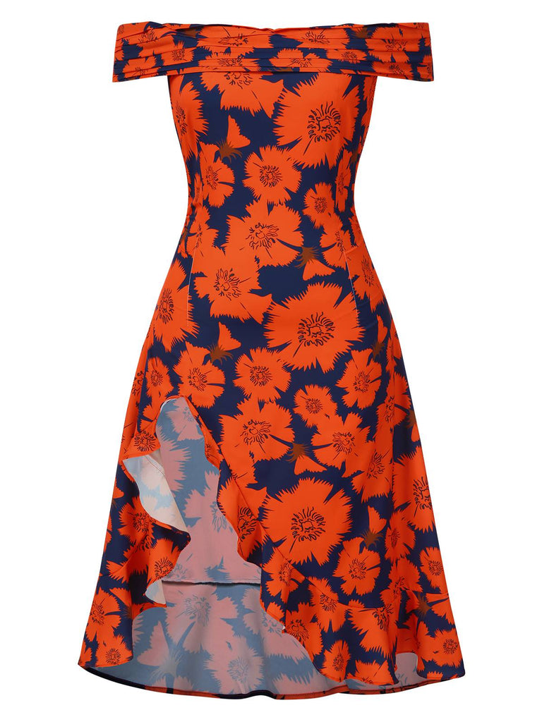 [Vorverkauf] [Übergröße] Rot 1930er Blumen Gerüschtes Schulterfrei Rüschen Hem Kleid