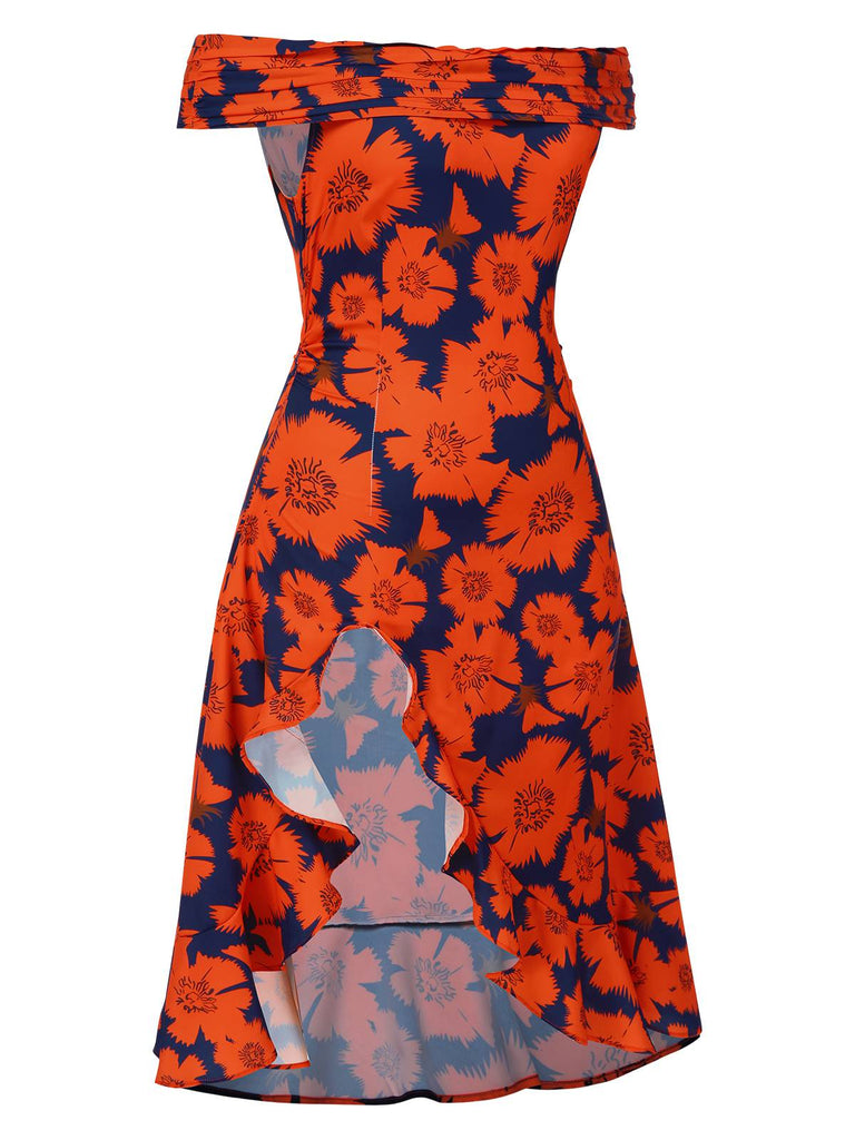 [Vorverkauf] [Übergröße] Rot 1930er Blumen Gerüschtes Schulterfrei Rüschen Hem Kleid
