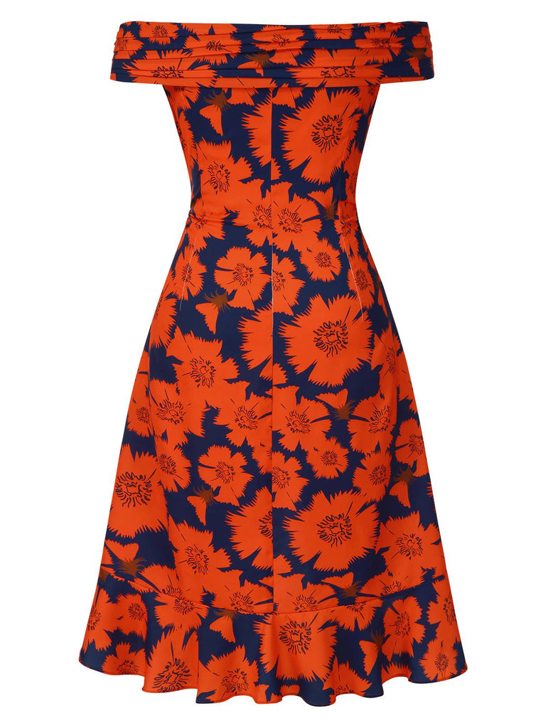 [Vorverkauf] [Übergröße] Rot 1930er Blumen Gerüschtes Schulterfrei Rüschen Hem Kleid