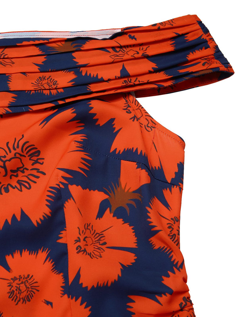 [Vorverkauf] [Übergröße] Rot 1930er Blumen Gerüschtes Schulterfrei Rüschen Hem Kleid