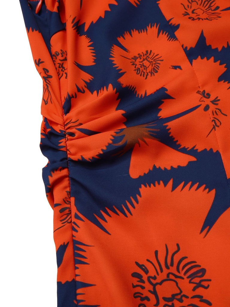 [Vorverkauf] [Übergröße] Rot 1930er Blumen Gerüschtes Schulterfrei Rüschen Hem Kleid