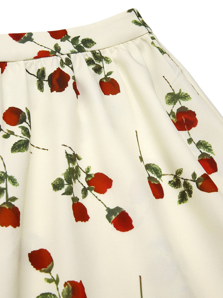[Vorverkauf] Weiß 1950er Rot Rose Gerüschtes Rock