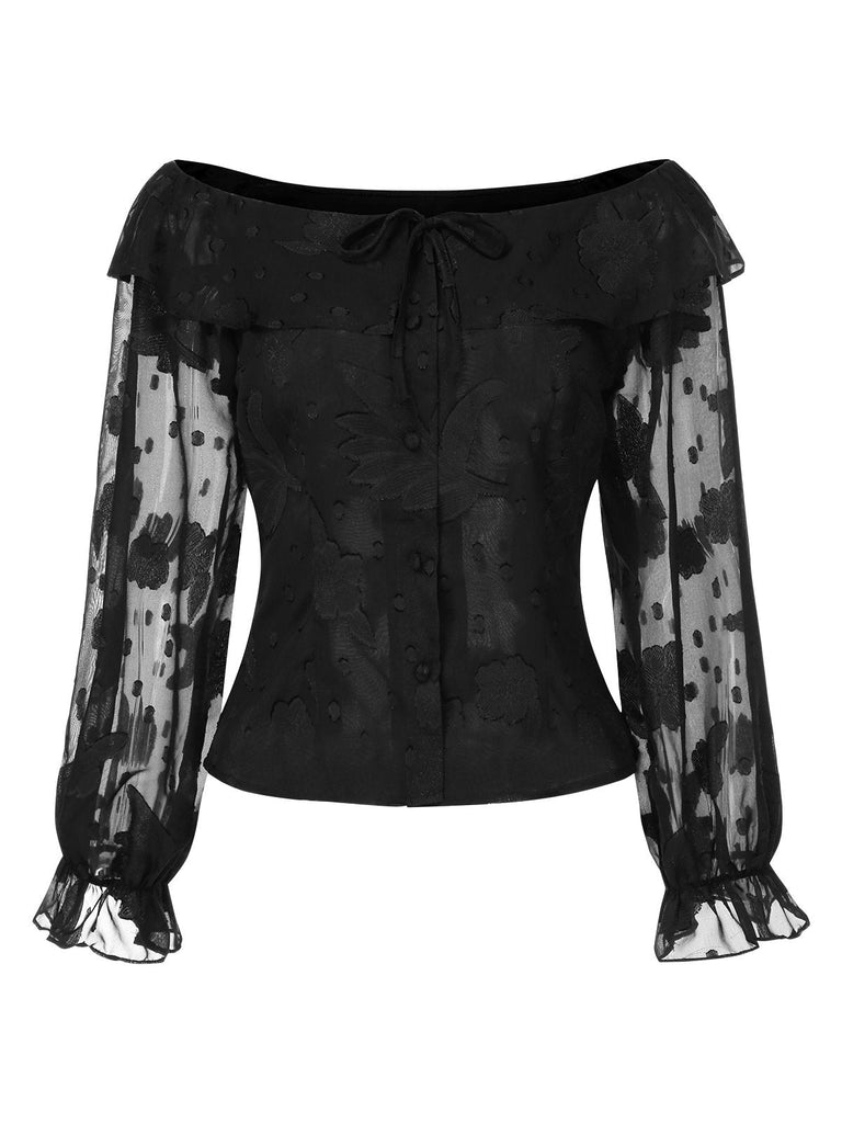 [Vorverkauf] 2PCS Schwarz 1950er Chiffon Schulterfrei Top & Rose Rock