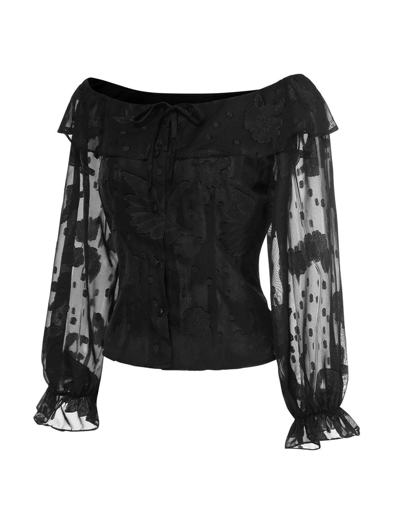 [Vorverkauf] 2PCS Schwarz 1950er Chiffon Schulterfrei Top & Rose Rock
