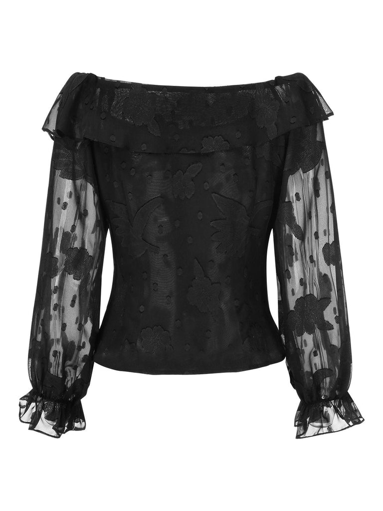 [Vorverkauf] 2PCS Schwarz 1950er Chiffon Schulterfrei Top & Rose Rock