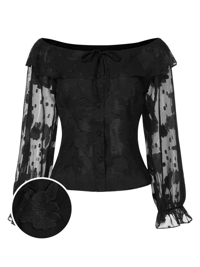 [Vorverkauf] Schwarz 1950er Chiffon Jacquard Schulterfrei Top