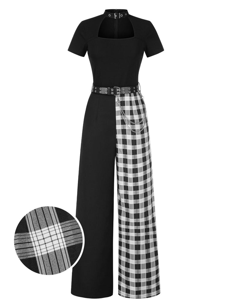 [Vorverkauf] Schwarz 1980er Punk Plaid Kette Schnalle Halter Hohl Jumpsuit