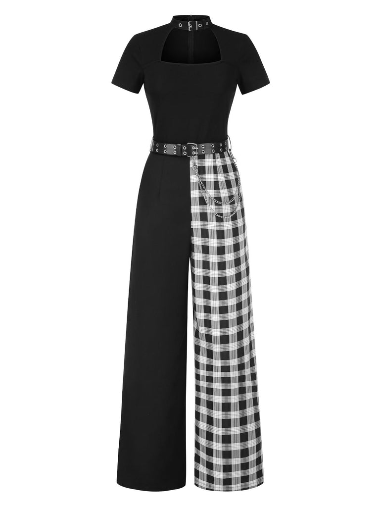 [Vorverkauf] Schwarz 1980er Punk Plaid Kette Schnalle Halter Hohl Jumpsuit