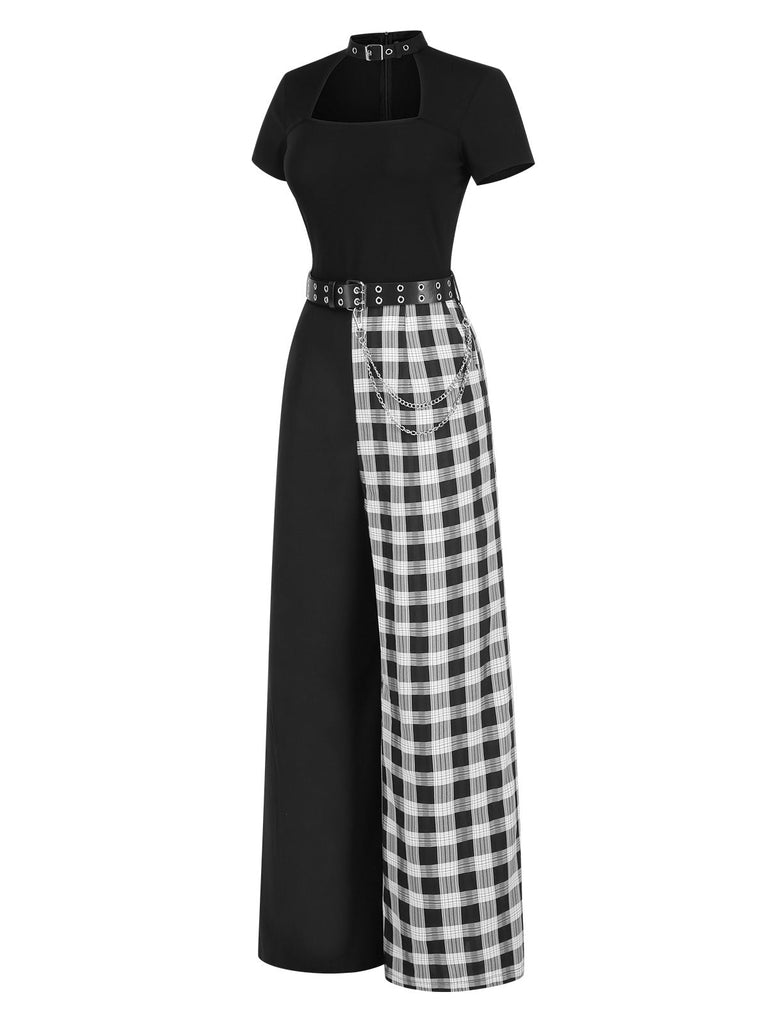 [Vorverkauf] Schwarz 1980er Punk Plaid Kette Schnalle Halter Hohl Jumpsuit