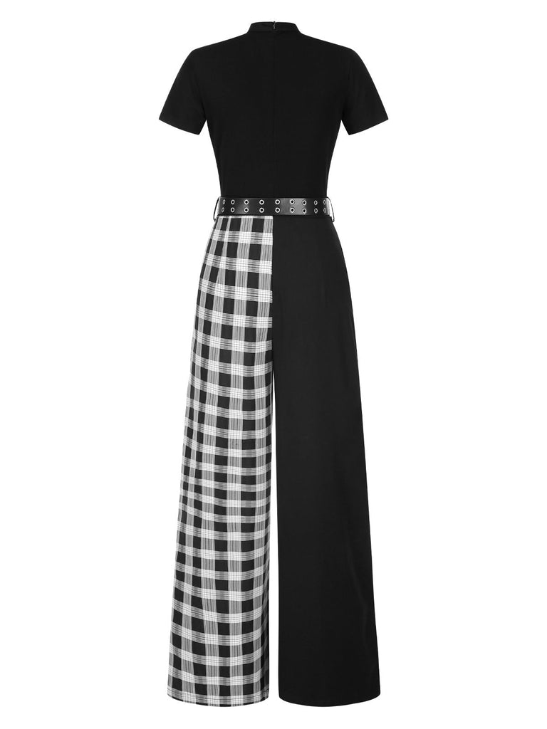 [Vorverkauf] Schwarz 1980er Punk Plaid Kette Schnalle Halter Hohl Jumpsuit
