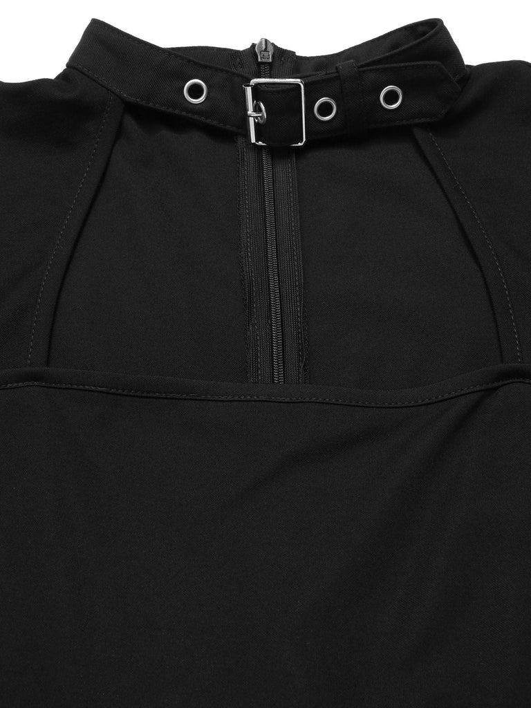 [Vorverkauf] Schwarz 1980er Punk Plaid Kette Schnalle Halter Hohl Jumpsuit